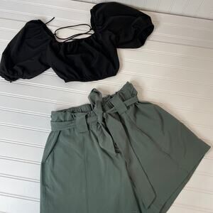 Bee Free Black  Criss Cross Back Cropped Top & Athleta Belted  Shorts SET Size 4